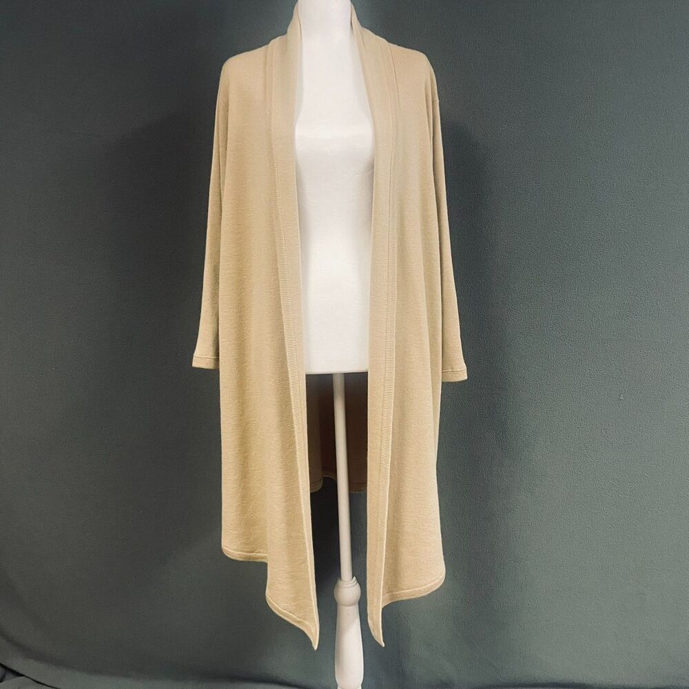 Dialogue Women's Large Merino Wool Blend Open Front Cardigan Tan Sweater